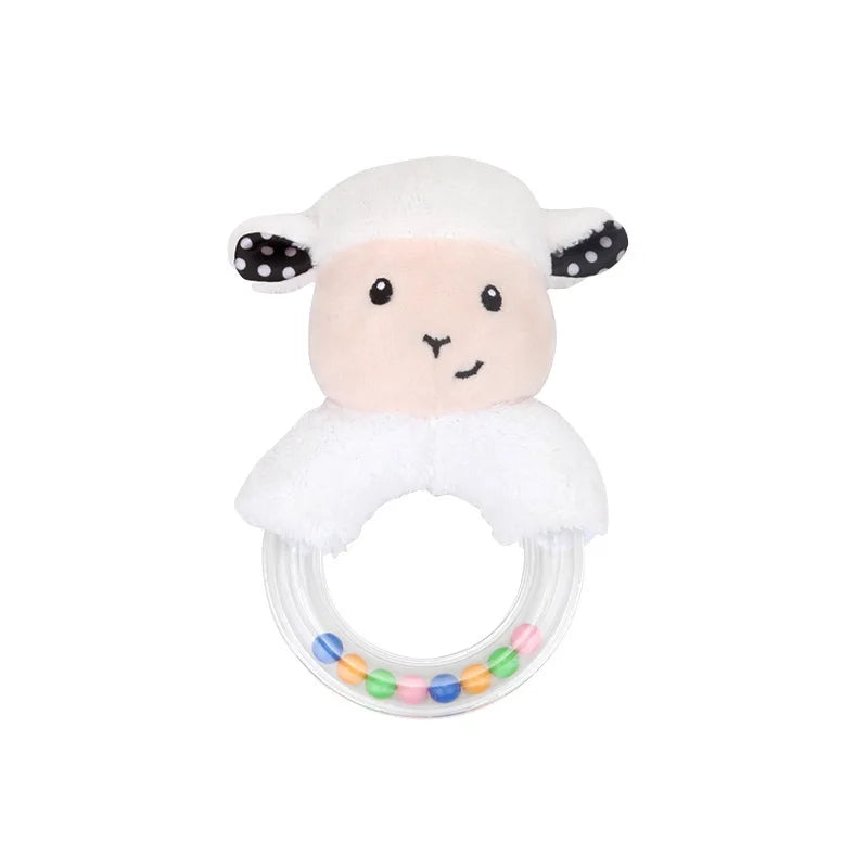 Soft white plush lamb baby rattle teether with clear ring and colorful beads.
