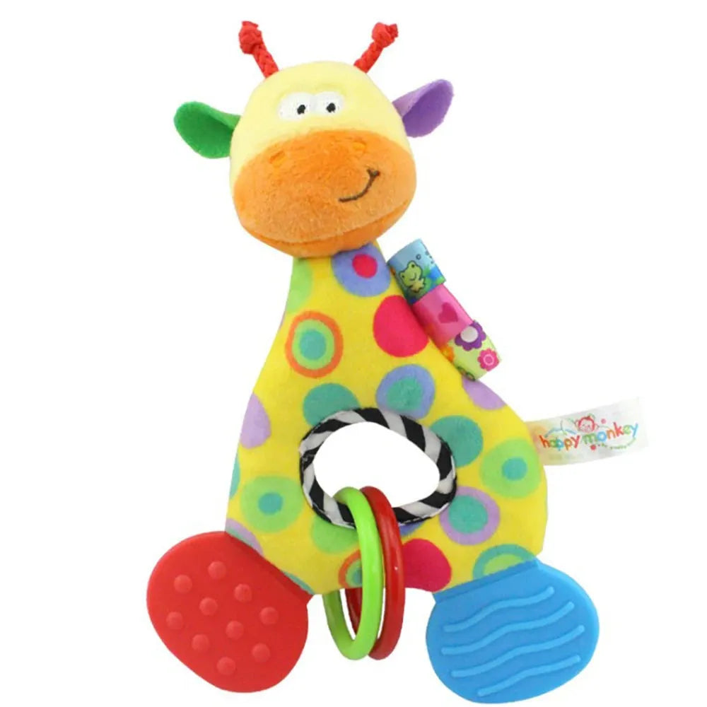 Yellow plush giraffe baby rattle and teether with colorful polka dots and red/blue silicone feet.