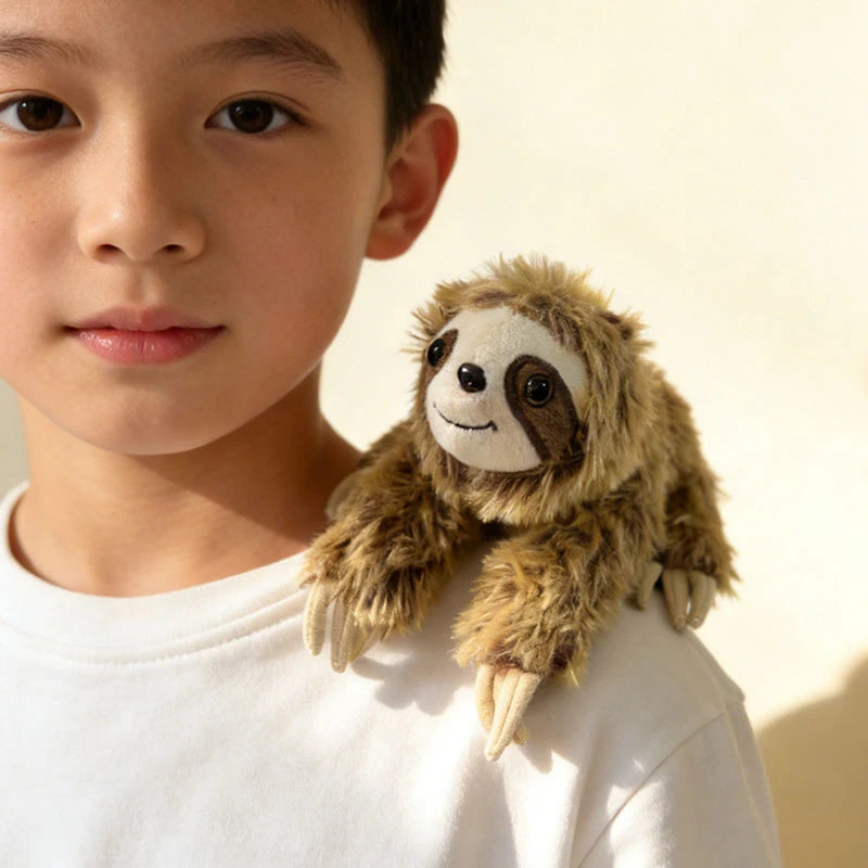 Boy with a cute brown magnetic sloth plush toy on his shoulder.