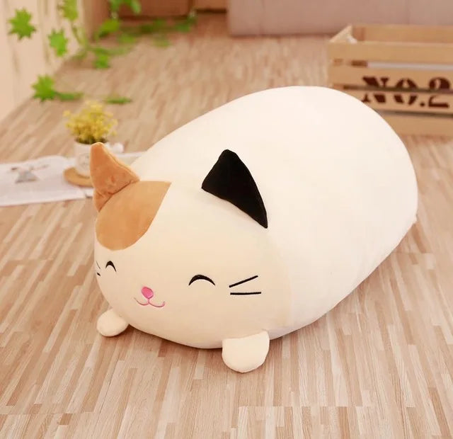 Soft white and brown plush cat pillow with embroidered face, 20/90cm.