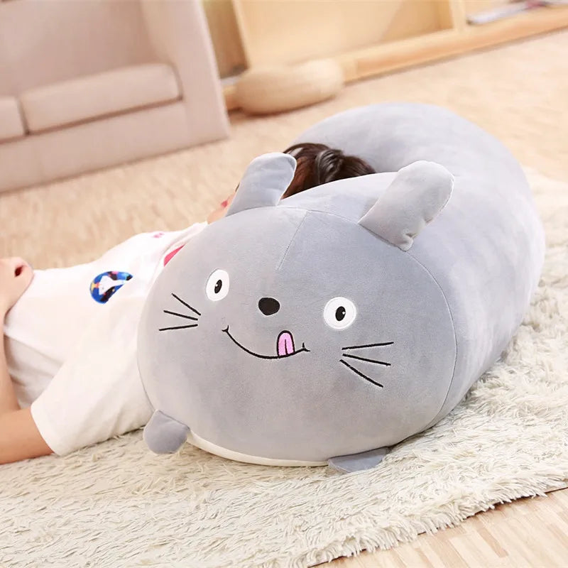 Soft gray plush cat animal pillow for babies, perfect for cuddling.