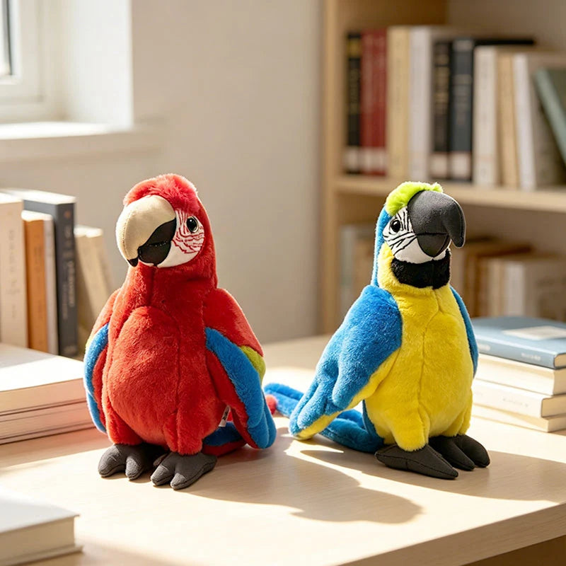 Two soft, lifelike 22cm plush parrots: one red and blue, the other blue and yellow, on a wooden desk.