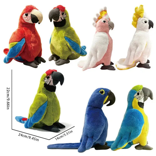 Soft plush parrot toys in red, green, pink, white, blue, and yellow, 22cm tall.