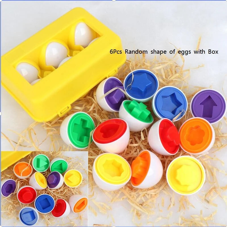 6 colorful Montessori matching eggs with geometric shapes in a yellow storage box, for toddler learning.