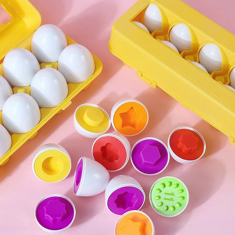 Montessori matching eggs in yellow cartons, showing colorful geometric shapes for toddlers.