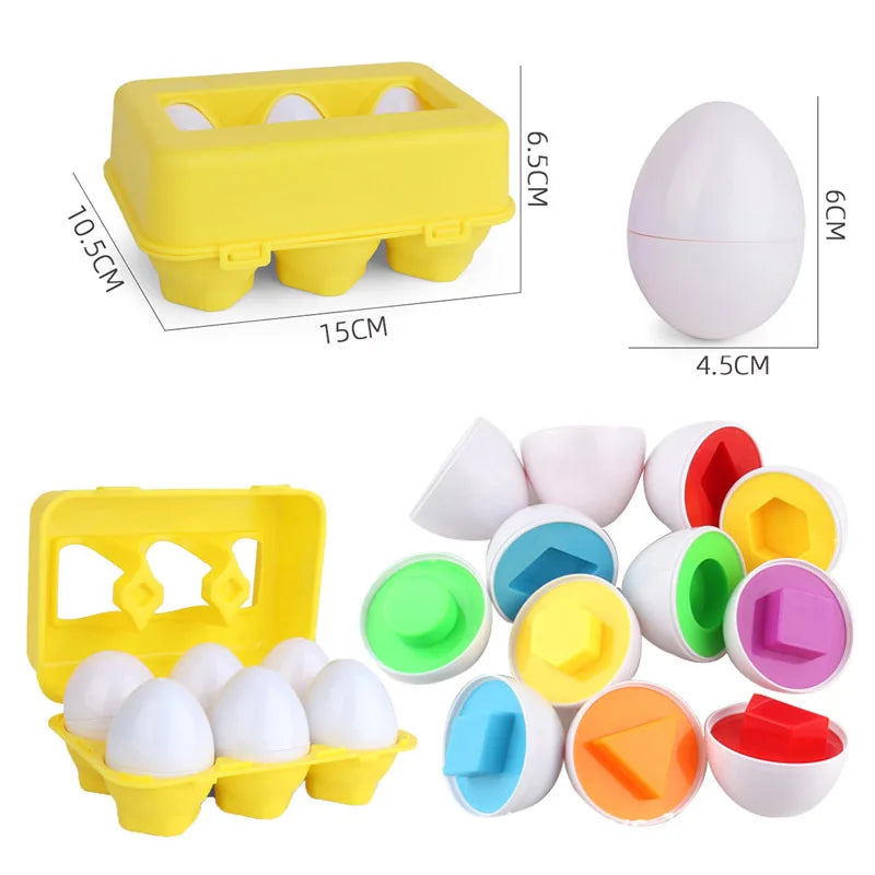 Montessori matching eggs for toddlers, 6-pack, with colorful geometric shapes for learning.