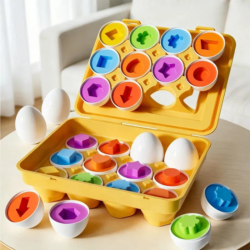 Colorful Montessori egg matching toy with geometric shapes for toddlers, in a yellow plastic carton.