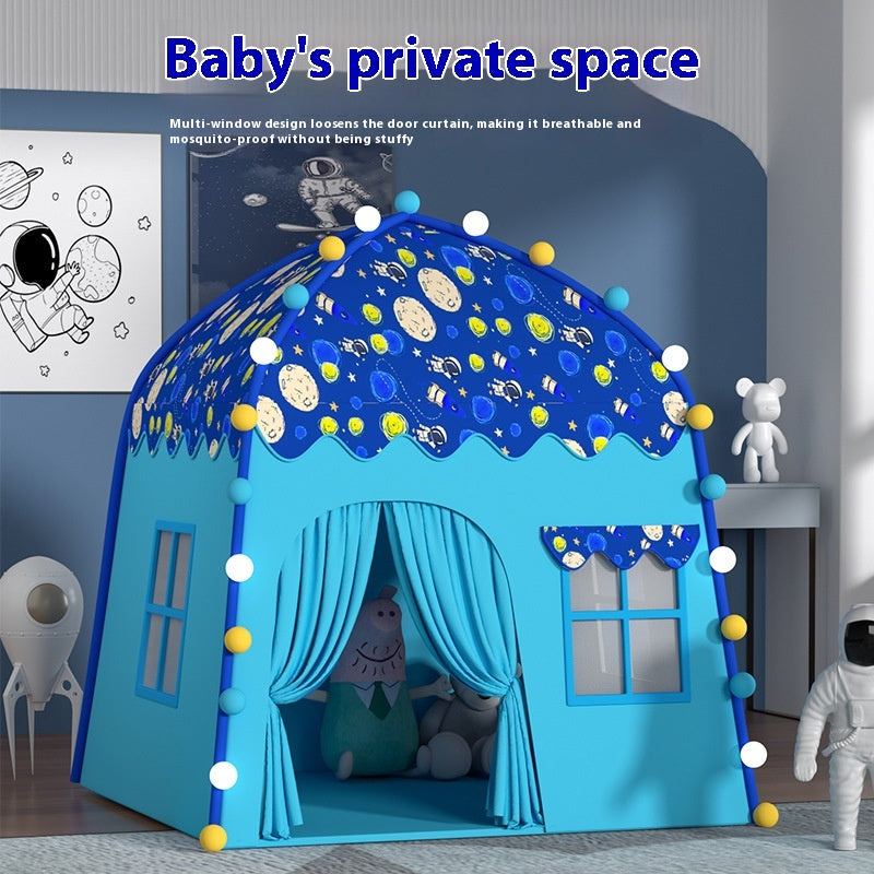 Blue kids' castle play tent with space print, decorative balls, and curtained entrance.