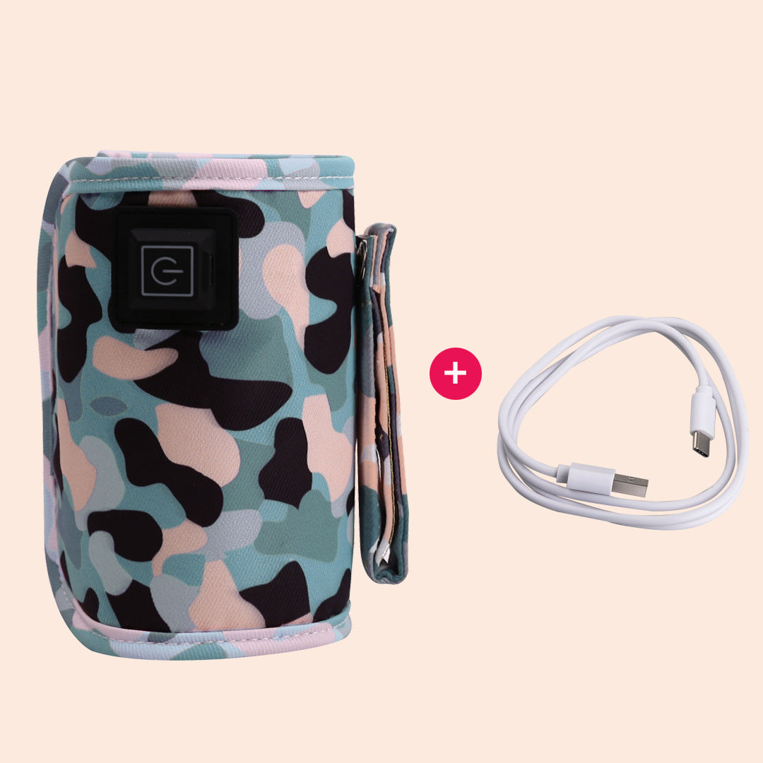 Portable baby bottle warmer sleeve in blue camo print with USB cable.