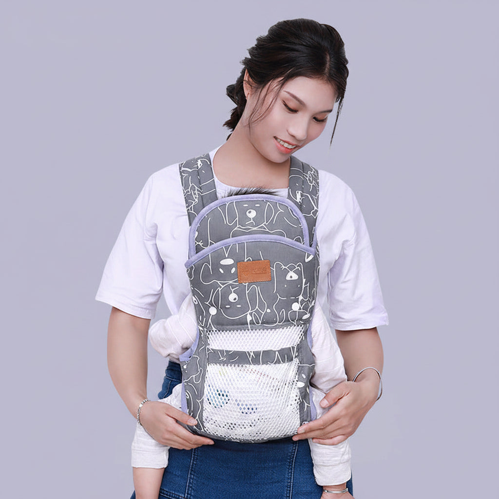 Gray ergonomic baby carrier with dog print, breathable mesh, and removable guard plate.