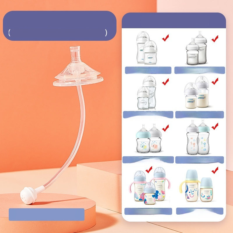 Clear silicone wide-mouth universal baby bottle straw with gravity ball and handles, shown with various compatible bottles.