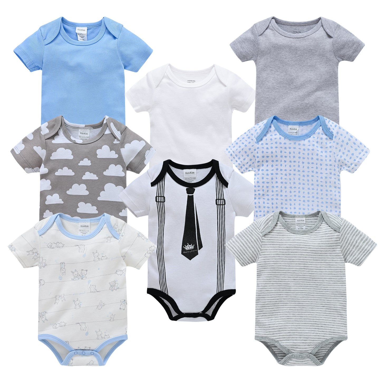 Set of 8 short-sleeve cotton baby bodysuits in blue, white, gray, stripes, clouds, and tie designs.