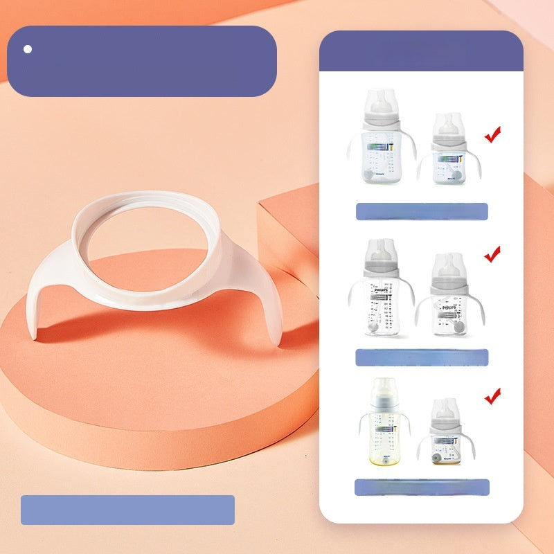 White universal wide-mouth baby bottle handle on a peach and pink background, with compatibility examples.