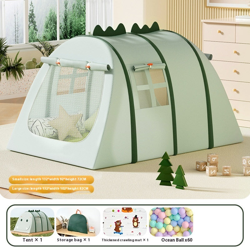 Green dinosaur-themed portable fabric play tent for kids, with mesh windows and a storage bag.