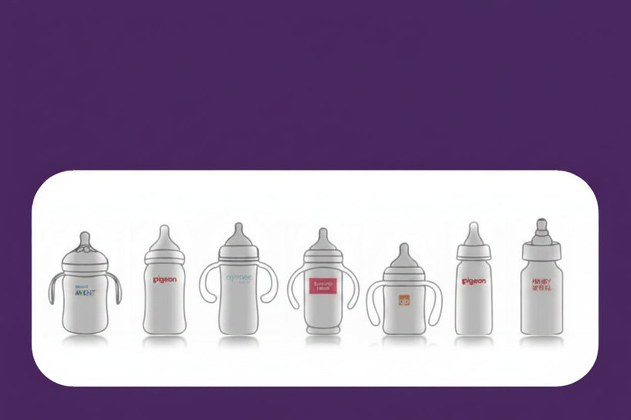 Seven white baby bottles of various shapes and brands, suitable for a portable bottle warmer.