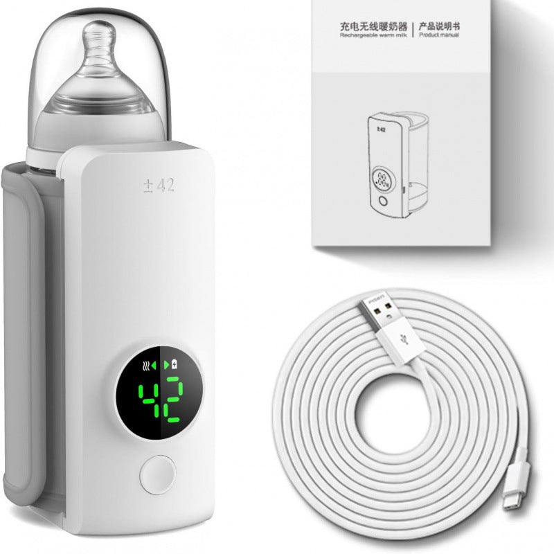 White portable USB bottle warmer with digital display, shown with a baby bottle, USB cable, and manual.
