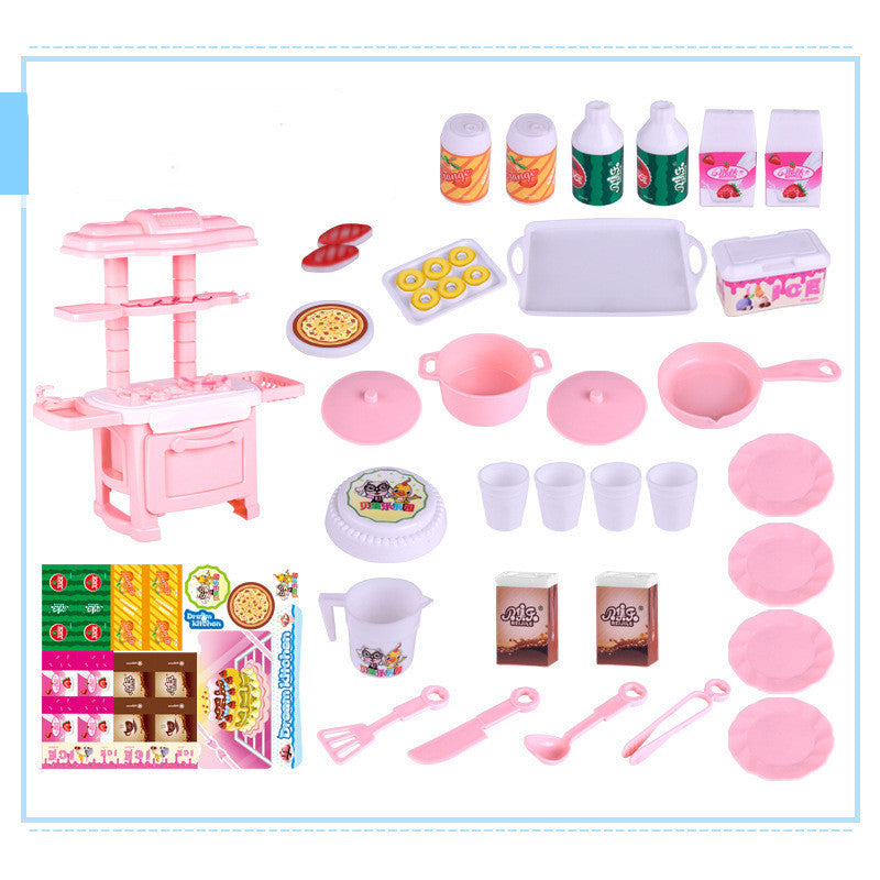 Pink plastic toy kitchen set with miniature pots, pans, food, and utensils for kids.