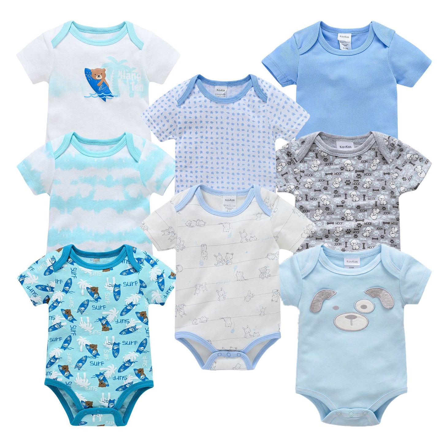 Set of 8 short-sleeve cotton baby bodysuits in blue, white, and gray with various cartoon prints.