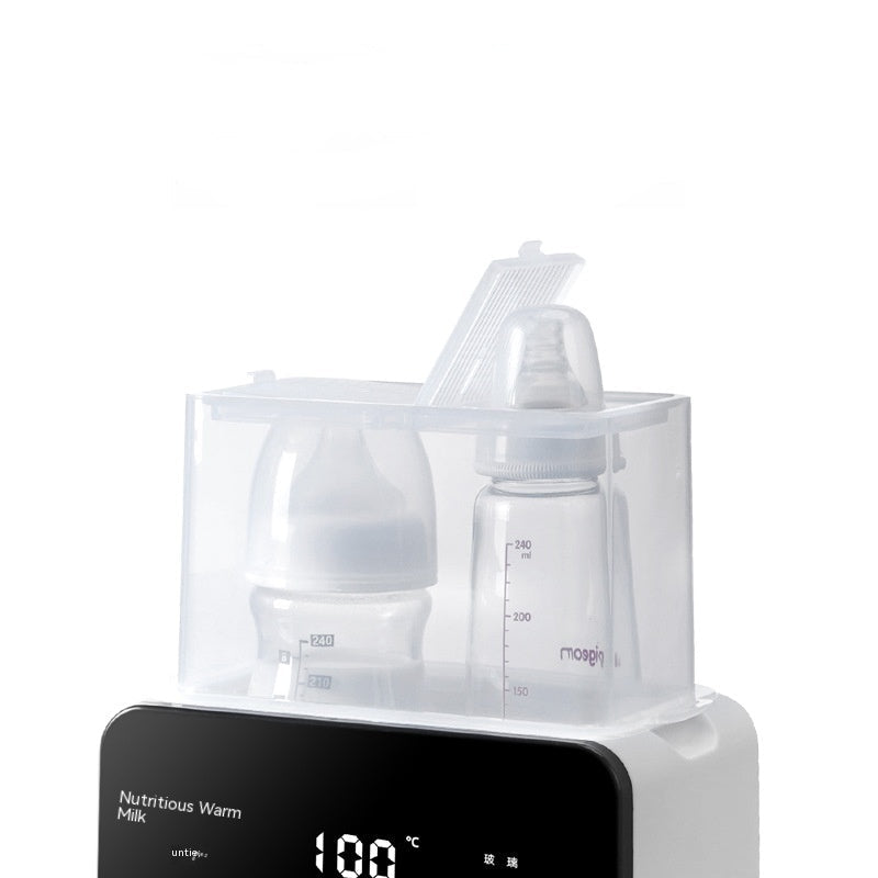 White electric baby bottle warmer and sterilizer with two bottles inside, featuring a clear lid and digital display.