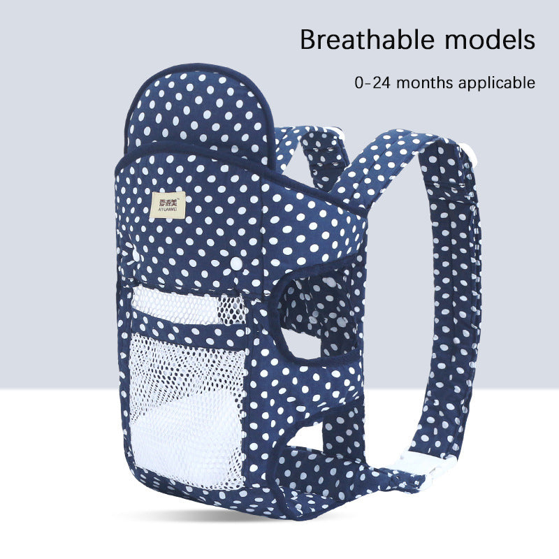 Navy blue polka dot breathable ergonomic baby carrier with mesh pockets for 0-24 months.