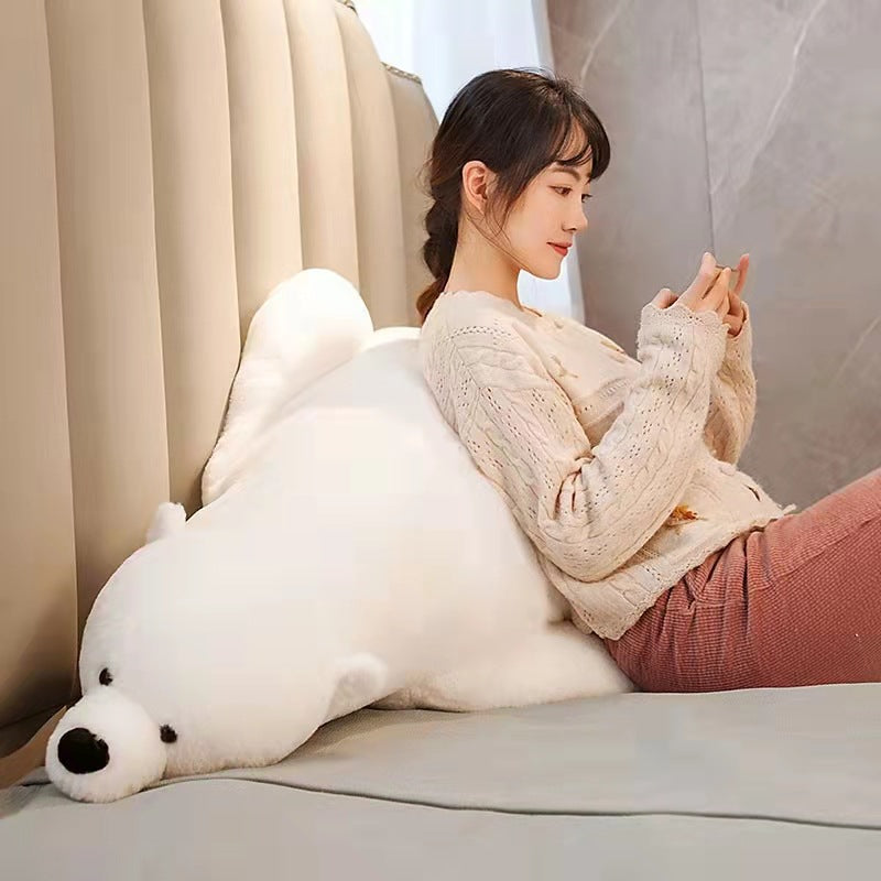 Large 110cm white plush polar bear stuffed animal acting as a soft backrest for a woman.