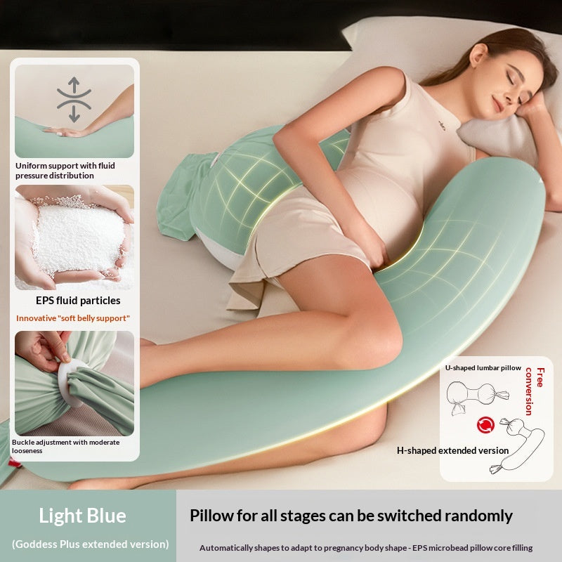 Light blue U-shaped pregnancy pillow with EPS fluid particles, supporting a sleeping pregnant woman.