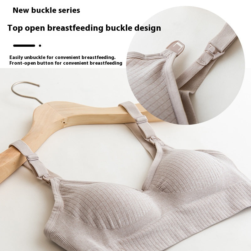 Beige wireless ribbed nursing bra on a hanger, featuring a top-open breastfeeding buckle design.