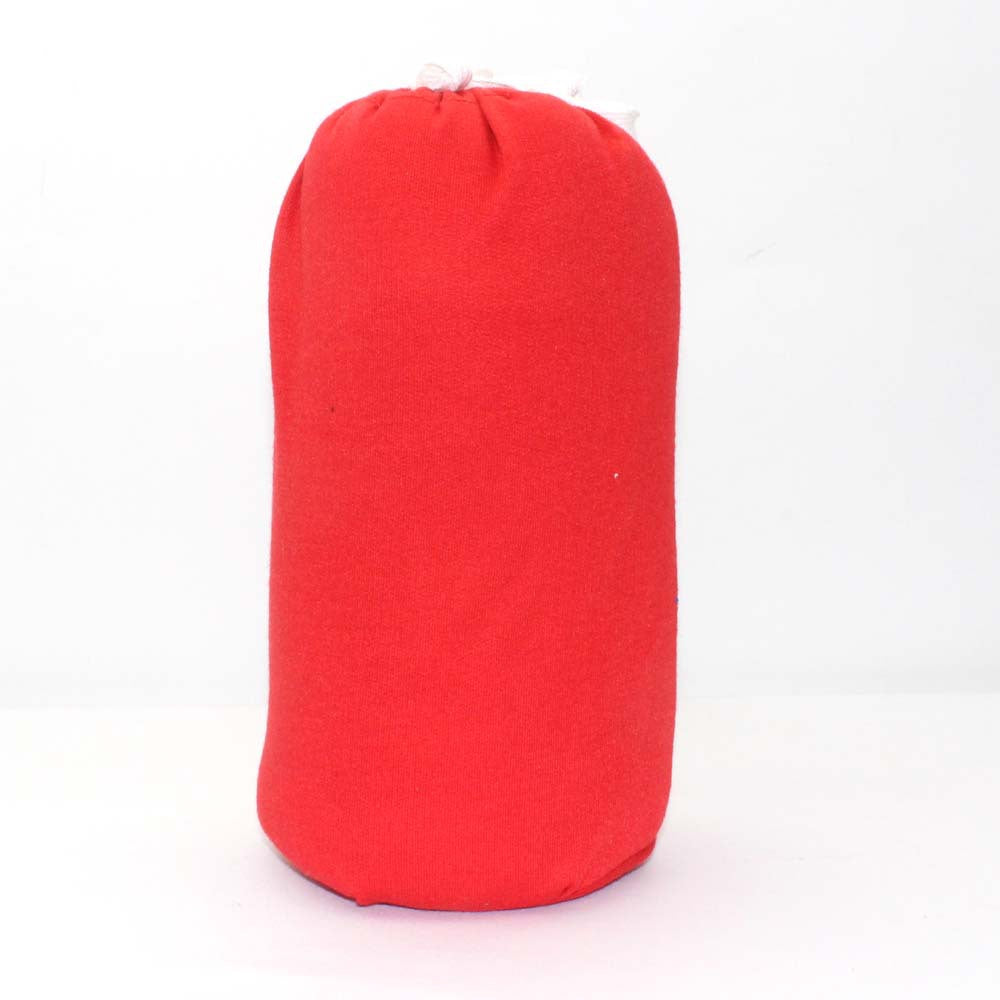 Red cotton baby wrap carrier, rolled and tied, on a white background.