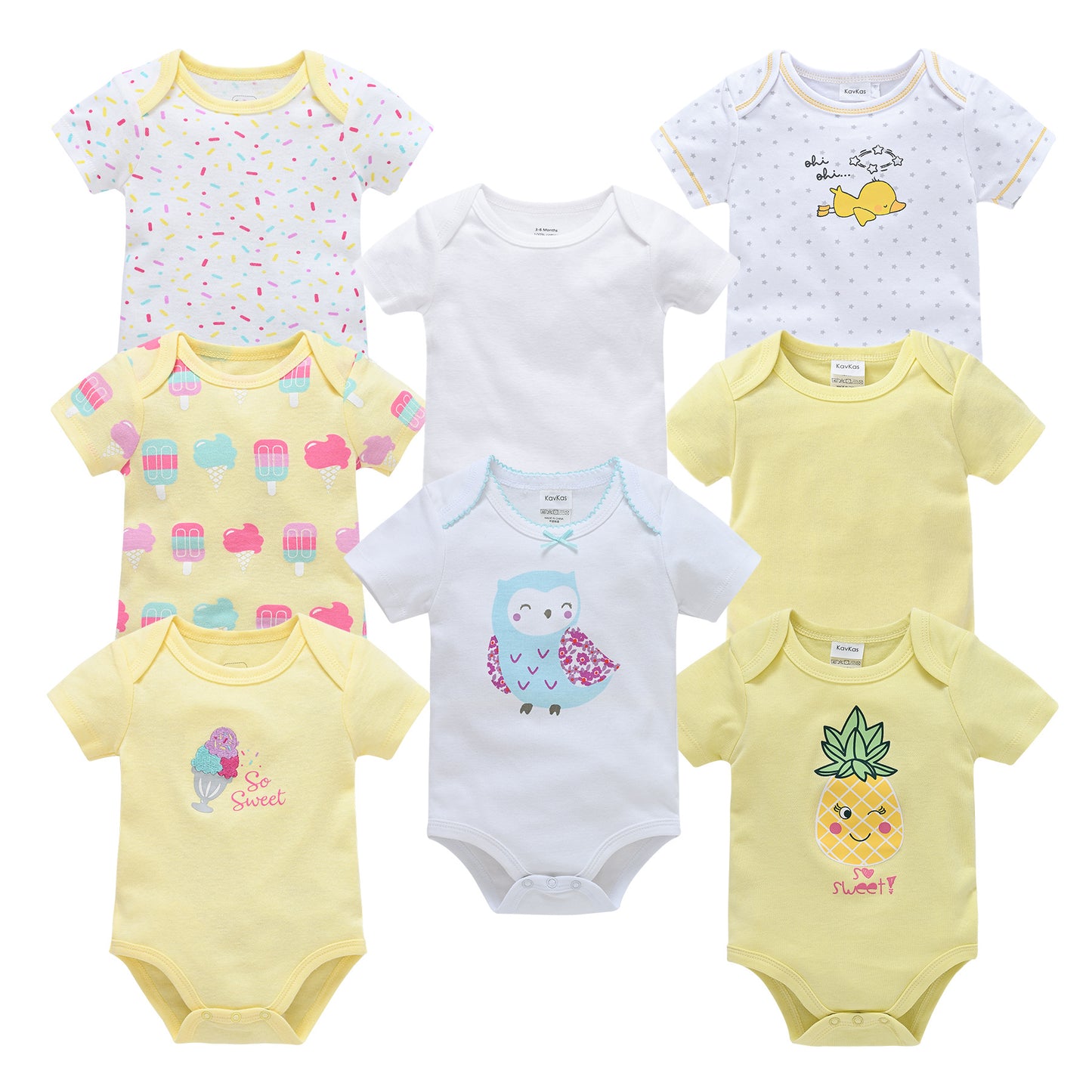 Set of 8 short-sleeve baby cotton bodysuits: white with sprinkles, plain white, white with yellow snail, yellow with ice cream, white with owl, yellow with ice cream cone, yellow with pineapple.