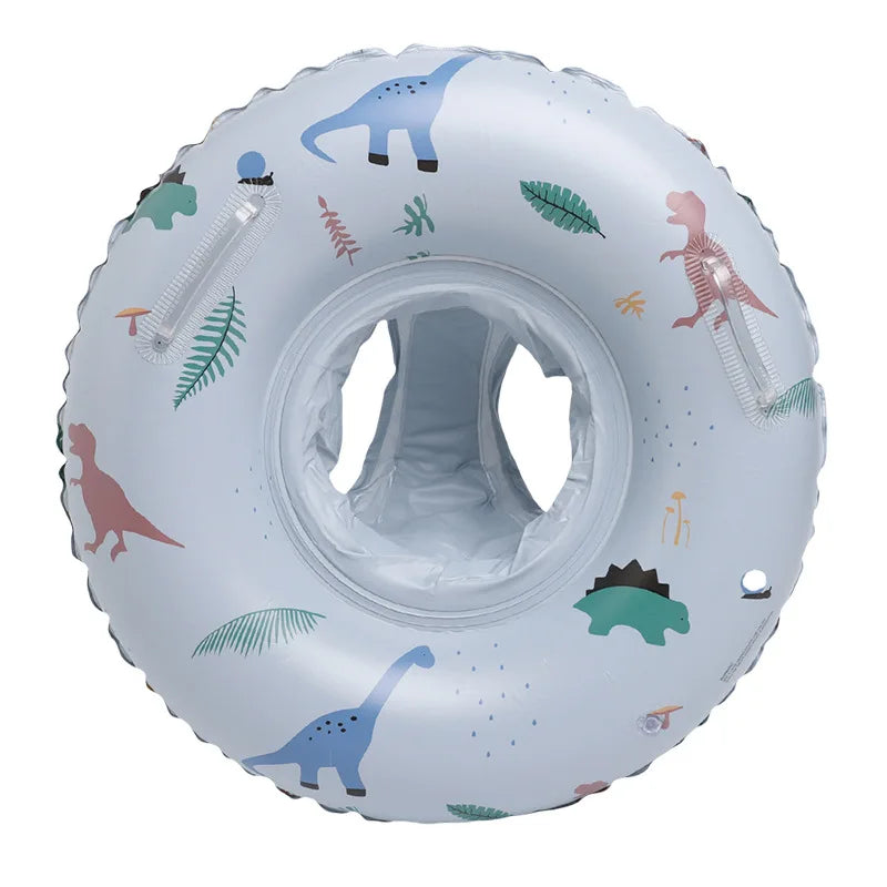 Inflatable baby swim float with dinosaur print, sun canopy, and secure seat.