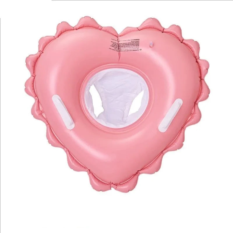 Pink heart-shaped inflatable baby float with a white seat and handles, designed for sun protection.