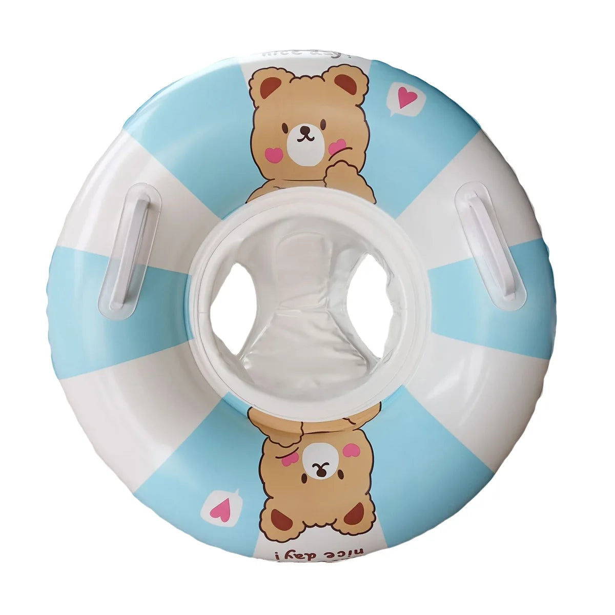 Blue and white inflatable baby swim float with cute bear design, sun canopy, and handles.