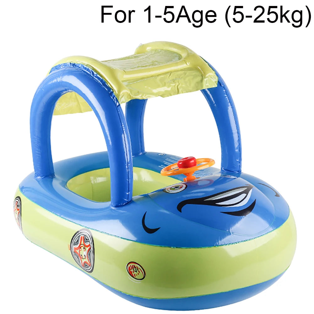 Blue and green inflatable PVC car-shaped swimming float for kids with a yellow sun canopy and steering wheel.