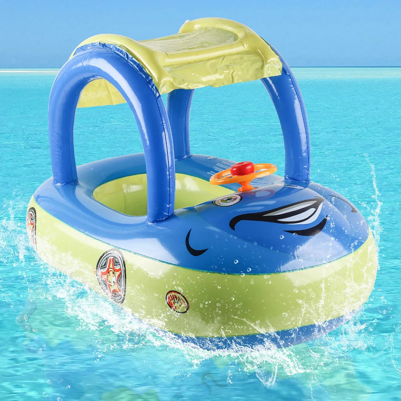 Blue and yellow inflatable PVC car-shaped pool float for kids with a steering wheel and sun canopy.