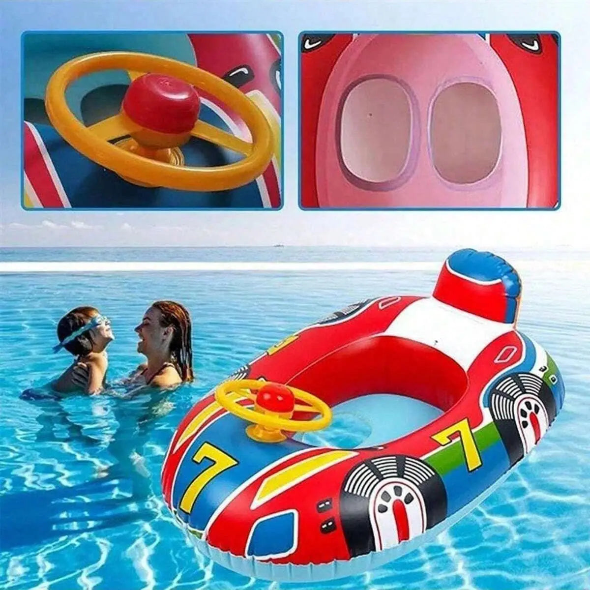 Red and blue inflatable baby pool float car with steering wheel and safety seat.