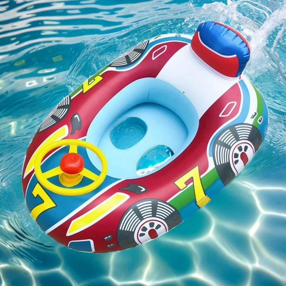 Inflatable baby pool float in a red race car design with safety handles and a steering wheel.