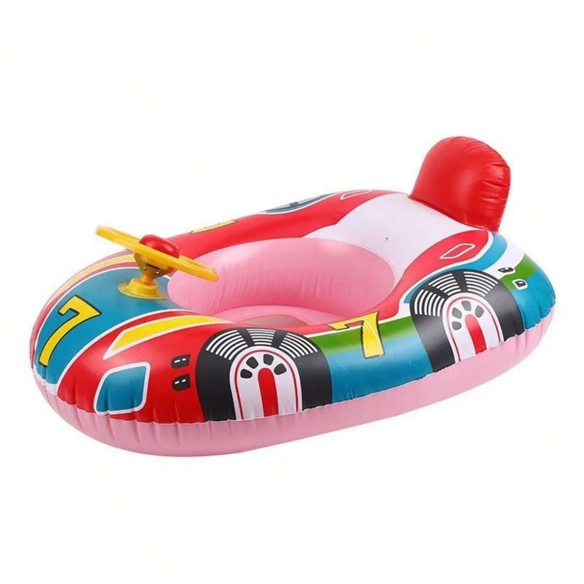 Inflatable baby pool float in a colorful car design with a steering wheel and safety handles.