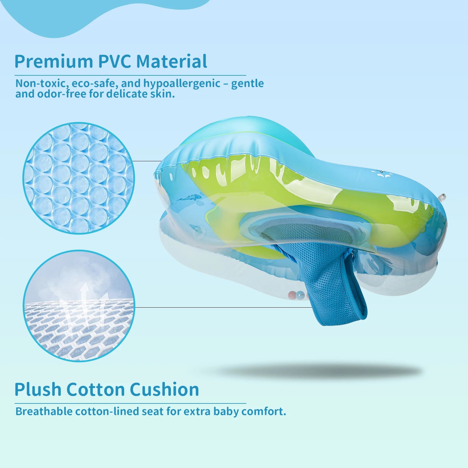 Blue and green inflatable baby swim float with sun canopy and soft chest support, made of premium PVC.