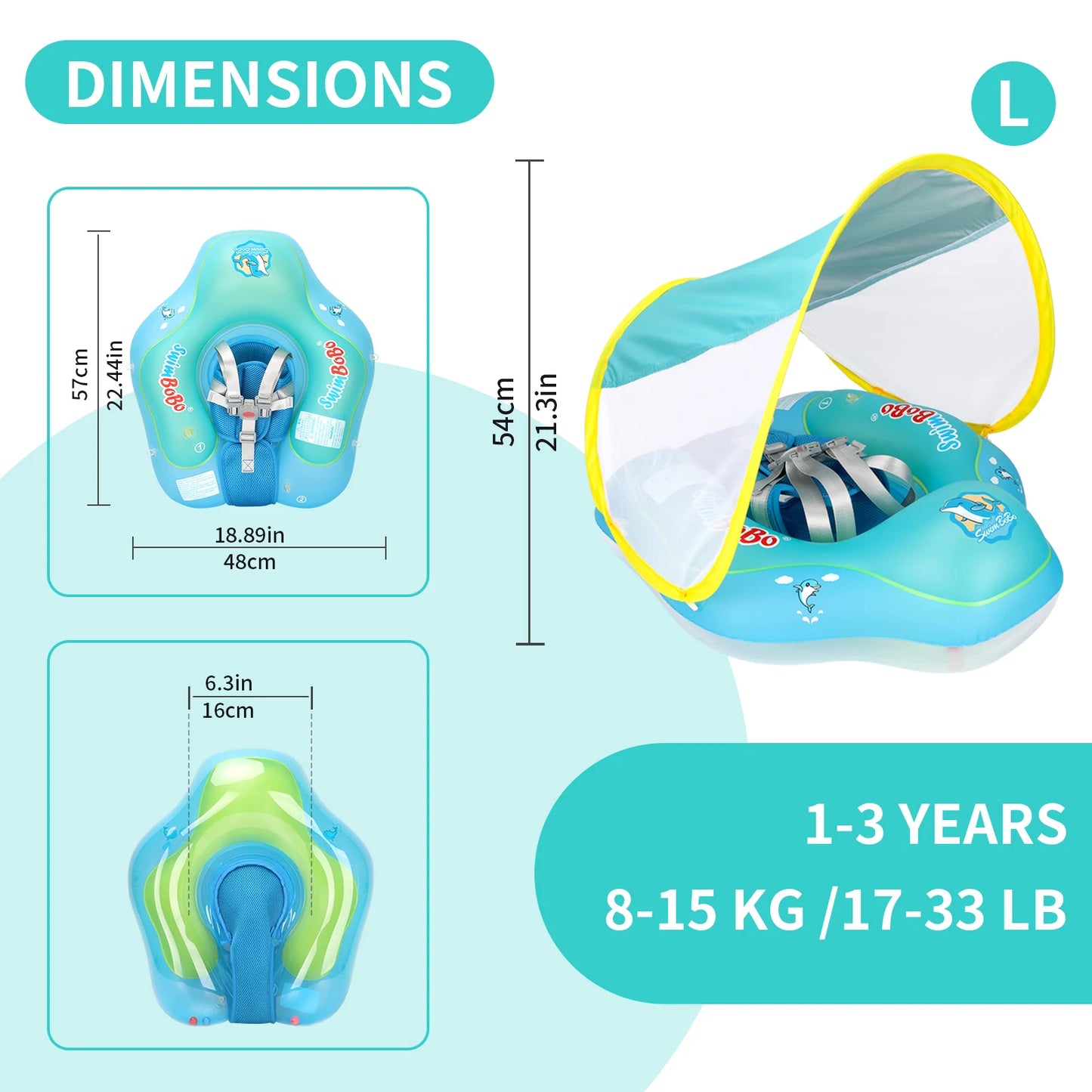 Blue inflatable baby swim float with sun canopy, chest support, and safety harness, showing dimensions.
