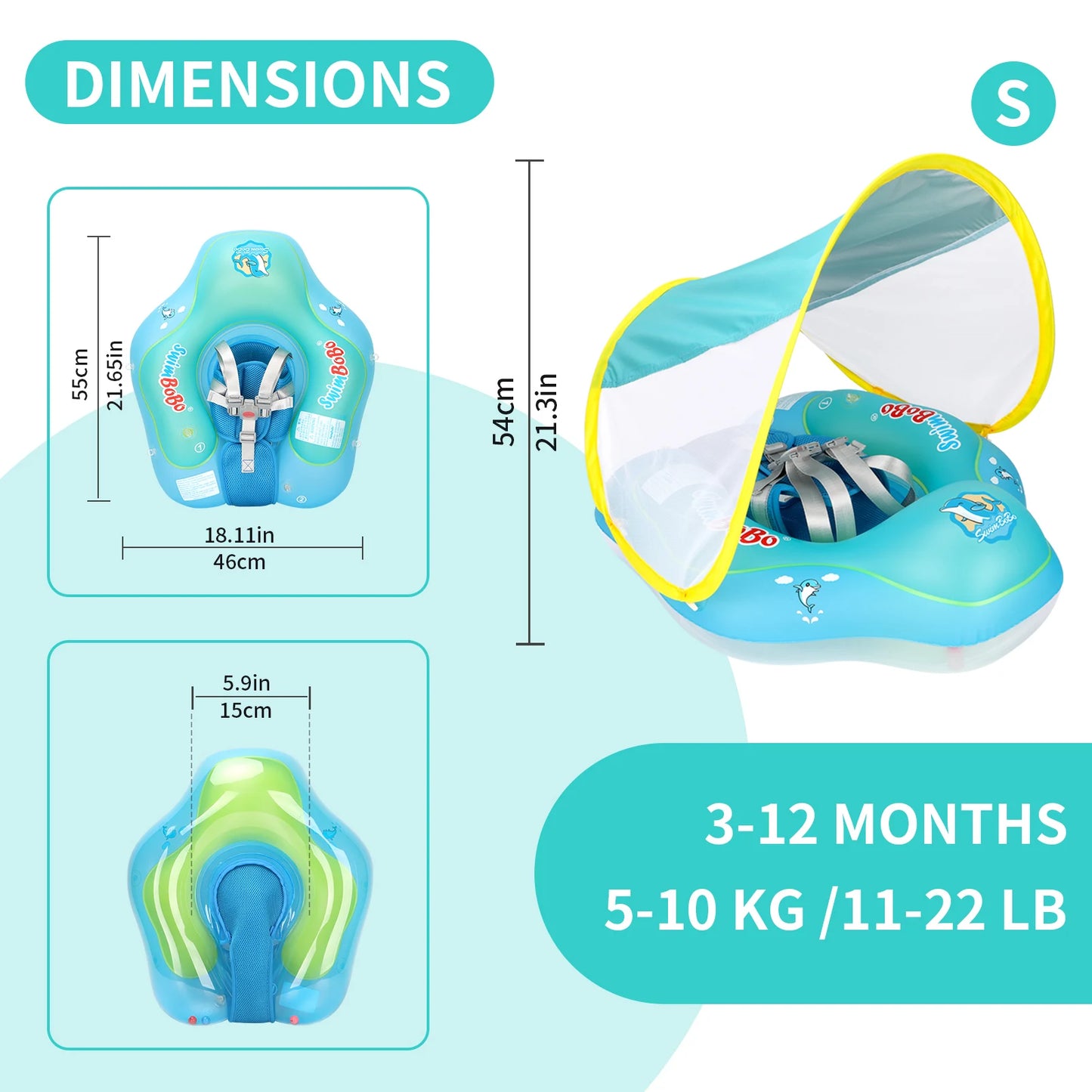 Blue inflatable baby swim float with sun canopy and safety harness, showing dimensions.