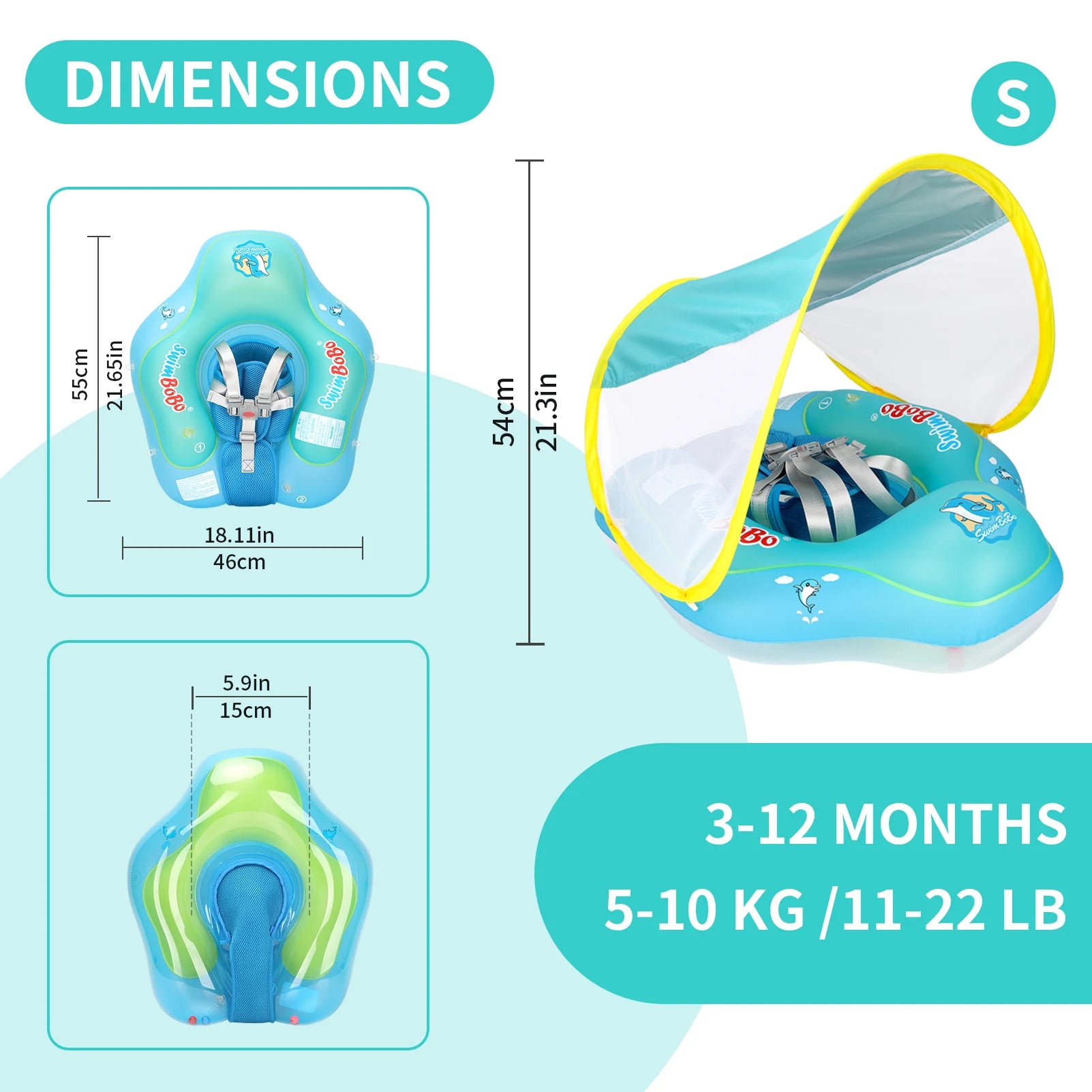 Blue inflatable baby swim float with sun canopy and safety harness, showing dimensions.