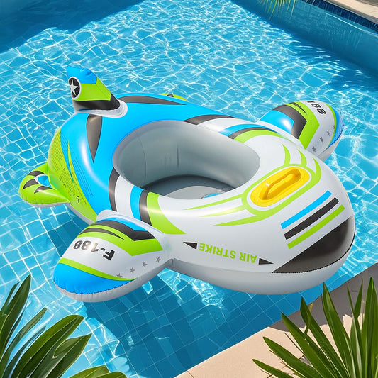 Blue and green inflatable airplane pool float for kids aged 3-6, with a stable design and durable PVC.