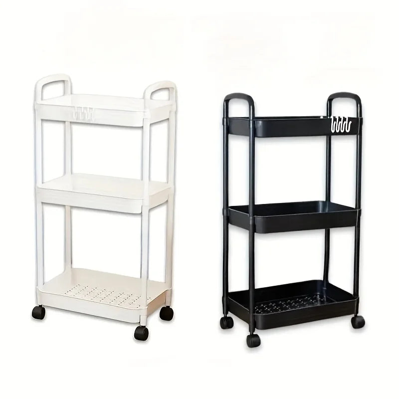 White and black 3-tier plastic rolling storage carts with handles and wheels.