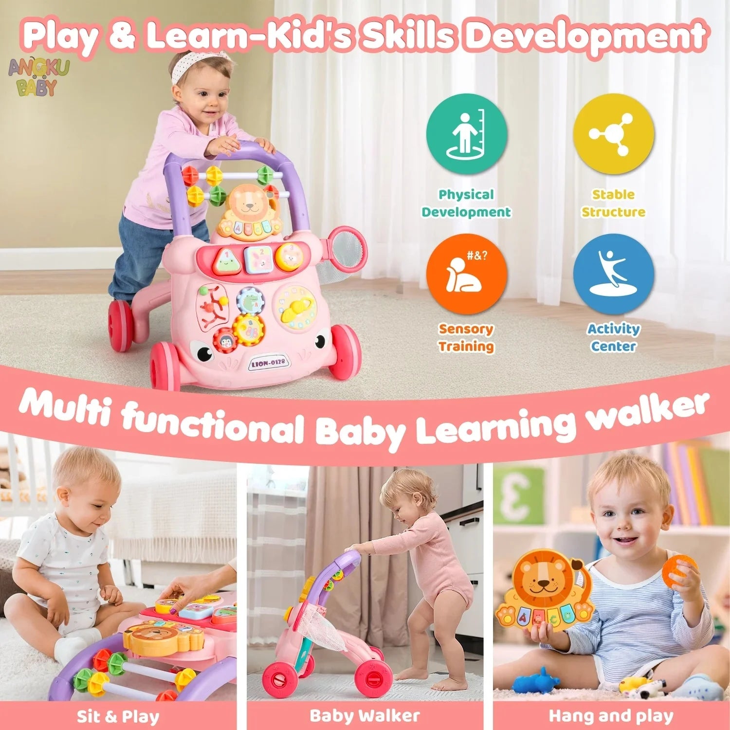 Pink multi-functional baby walker with activity center, adjustable height, and anti-tip design for ages 6-18 months.