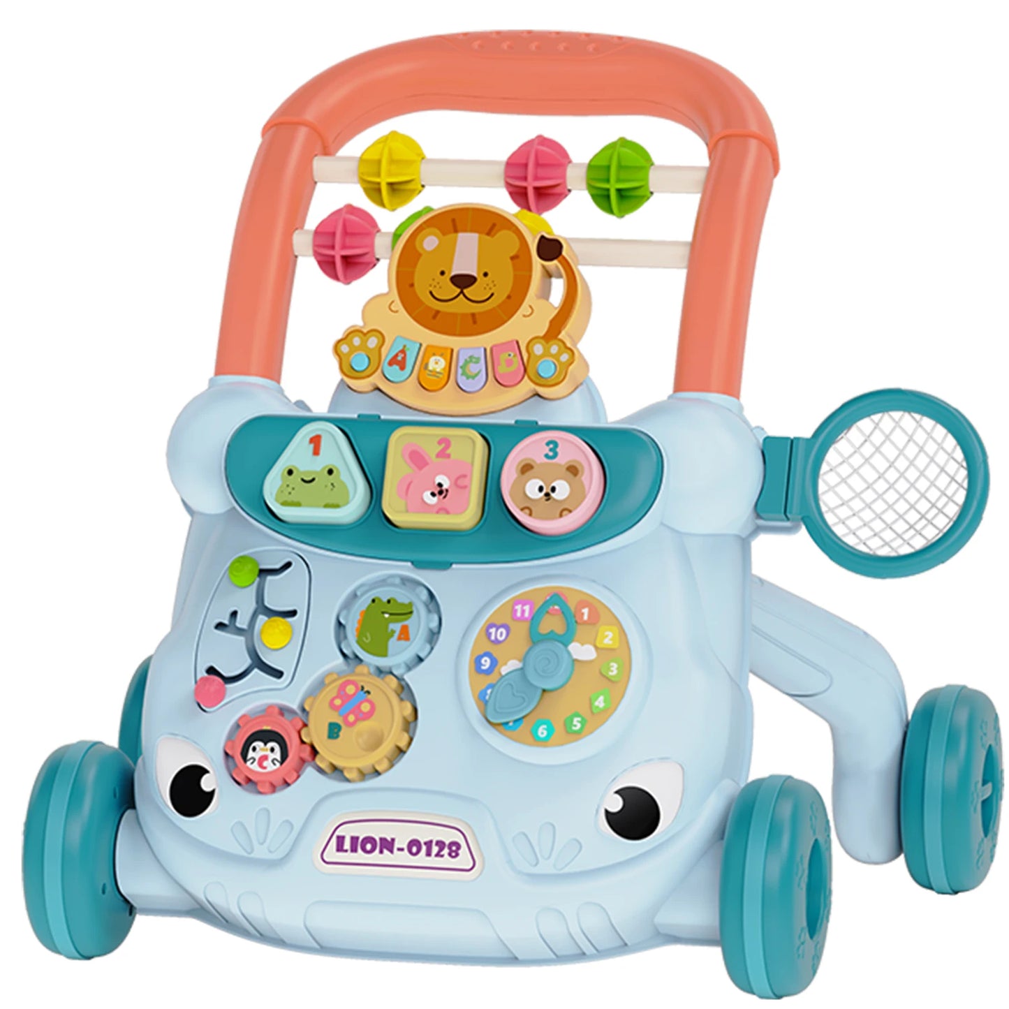 Blue baby musical walker with activity center, lion toy, gears, and colorful balls.