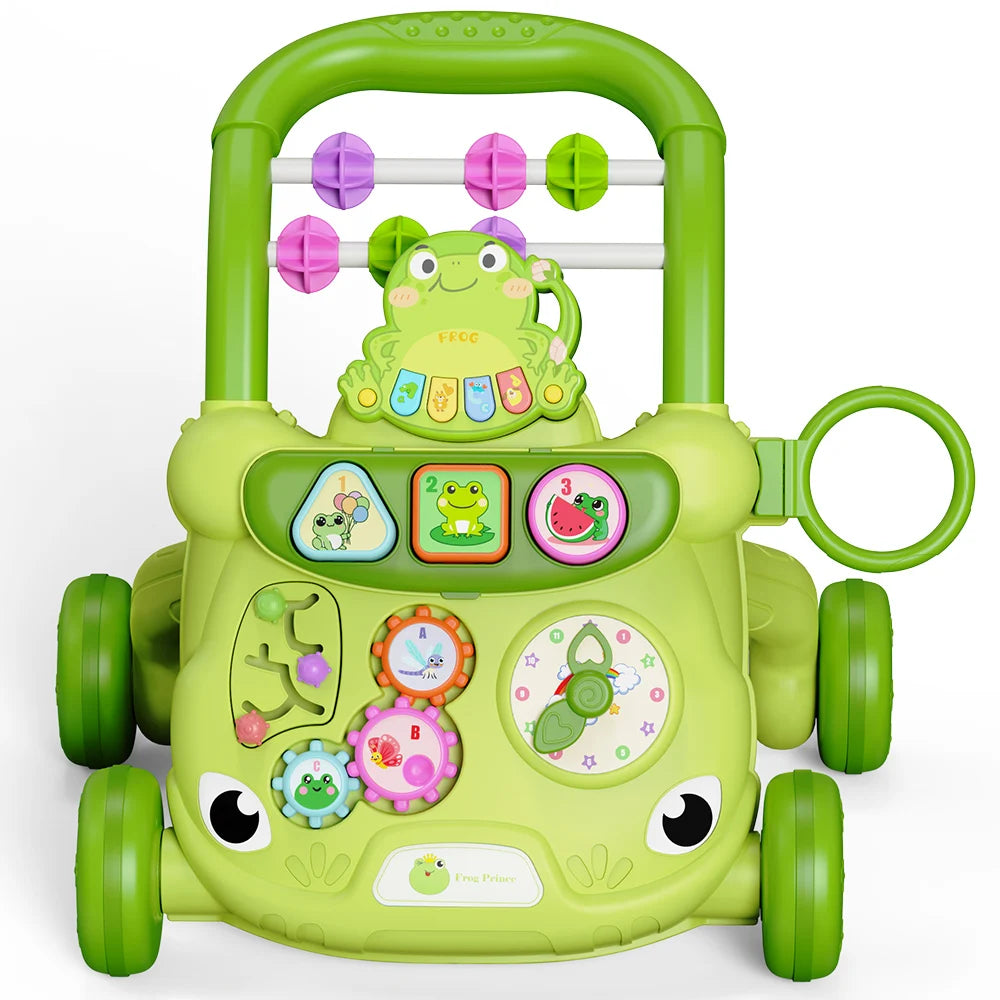 Green musical baby walker with frog design, activity center, and colorful spinning toys.