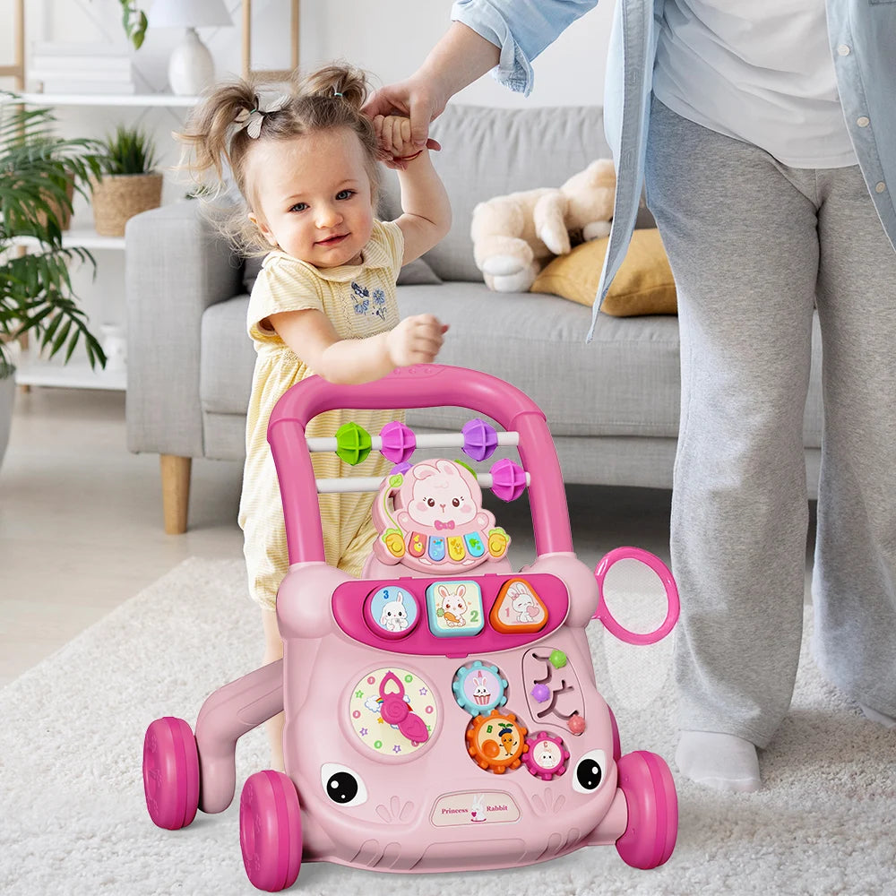 Pink musical baby walker with activity center, featuring a toddler learning to walk.