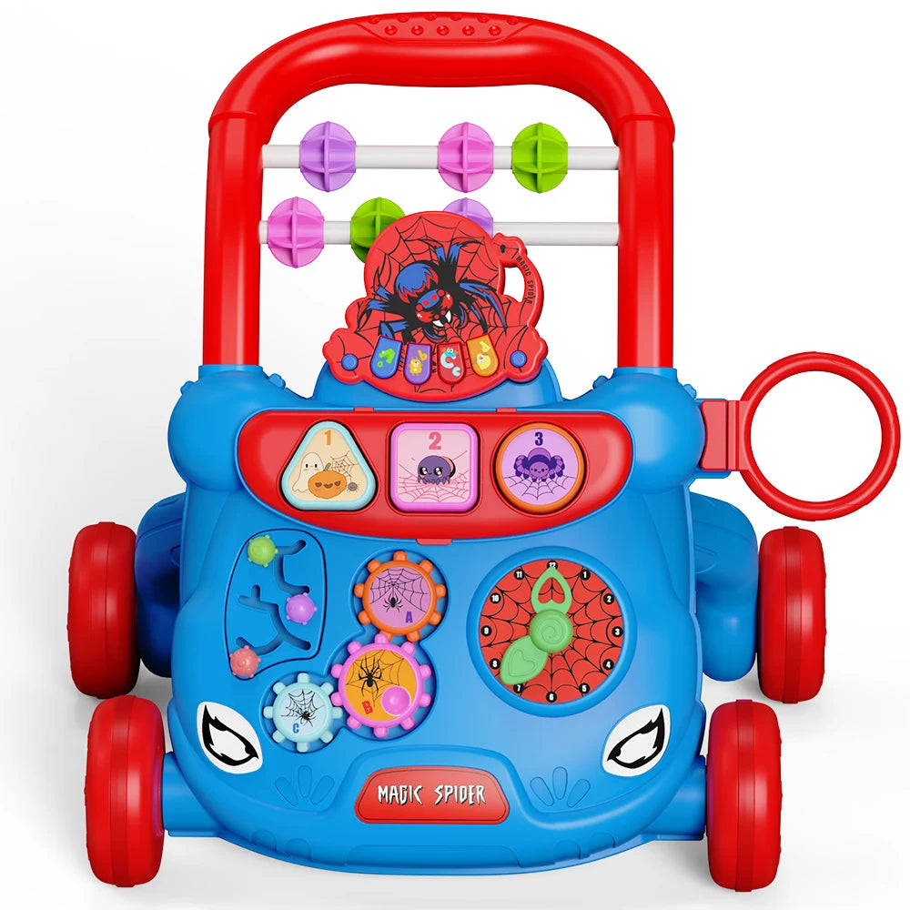 Red and blue musical baby walker with Spider-Man theme, activity center, and colorful wheels.