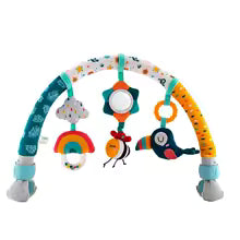 Adjustable baby activity arch with colorful plush toys, mirror, and rattles.