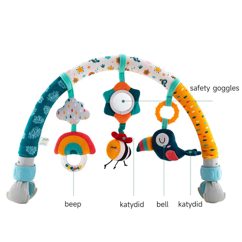 Adjustable baby activity arch with colorful plush toys: rainbow, bee, toucan, and mirror.